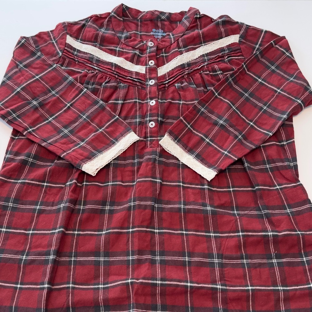 Ella Simone Red Plaid Maxi‎ Nightgown Lace Trim Pockets Henley Sleepwear Small